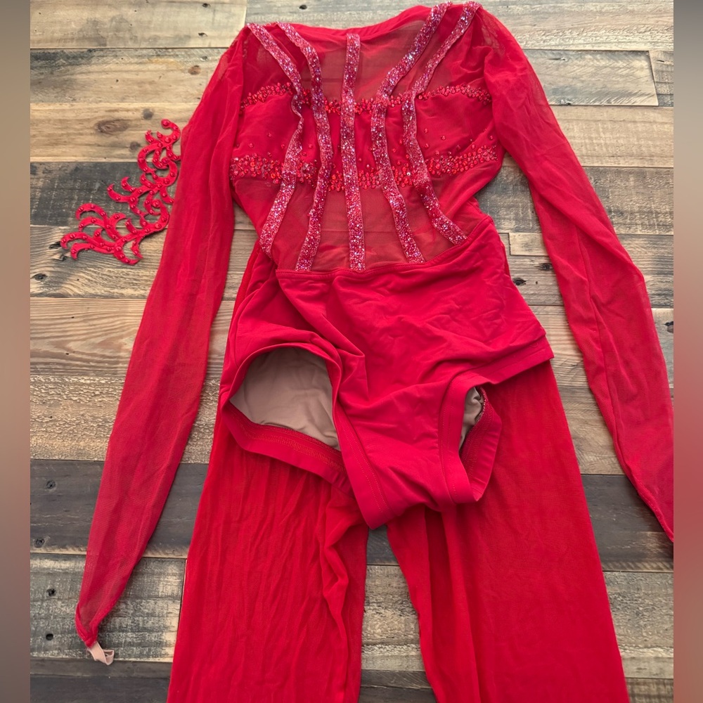 Red custom jazz costume (includes leotard, red tights, and head piece)